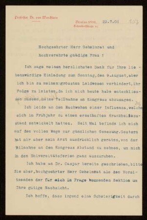 107: Brief von Adolf von Wenckstern an Otto und Lili von Gierke, Breslau, 29.7.1908