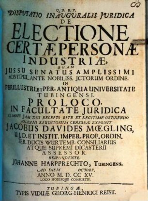 Disputatio Inauguralis Juridica De Electione Certae Personae Industriae