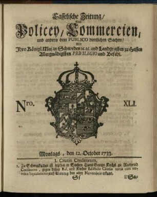 Nro. XLI, Montags, den 12. October 1733