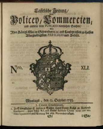 Nro. XLI, Montags, den 12. October 1733