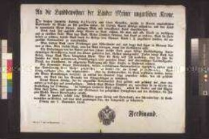 Maueranschlag: Proklamation von Kaiser Ferdinand an die ungarischen Landbewohner; Olmütz, 7. November 1848