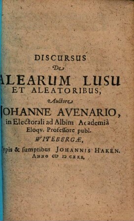 Discursus de alearum usu & aleatoribus
