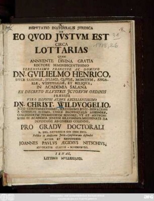 Dispvtatio Inavgvralis Jvridica De Eo Qvod Jvstvm Est Circa Lottarias