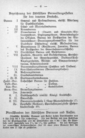 Bezeichnung der städtischen Verwaltungsstellen für den inneren Verkehr. Dienststunden der städtischen Bureaus und Kassen