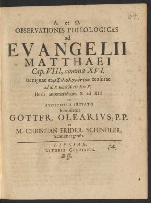 Observationes Philologicas ad Evangelii Matthaei Cap. VIII, comma XVI. : benignae ... ad d. X Iunii A. M DCC V. ...