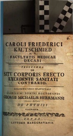 Programma De Sitv Corporis Erecto Excedente Sanitati Contrario : Dissertationi Inavgvrali Clarissimi Domini Doctorandi Georgii Michaelis Herrmanni Ploena-Holsati De Phthisi Praemissvm