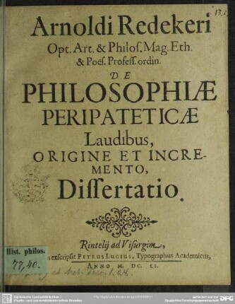 Dissertatio de laudibus, origine et incremento philosophiae peripateticae