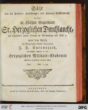 Säze aus der Policey- Handlungs- und Finanz-Wissenschafft
