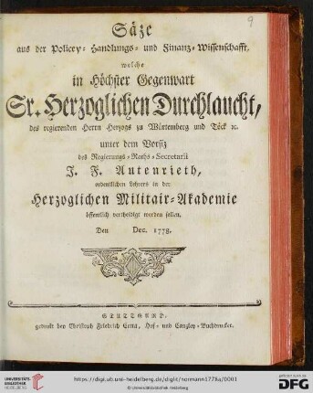 Säze aus der Policey- Handlungs- und Finanz-Wissenschafft