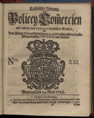 Nro. XXI, Montags, den 24. May 1745