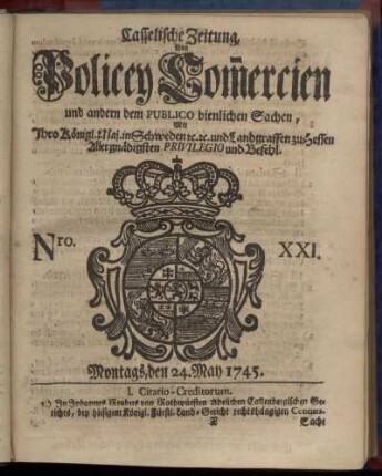 Nro. XXI, Montags, den 24. May 1745