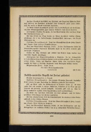 Russisch=rumänische Angriffe bei Focsani gescheitert.