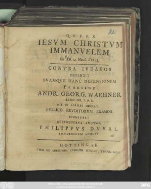 Iesvm Christvm Immanvelem Esa. XII. 14. Matth. I. 22. 23. Contra Ivdaeos