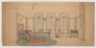 Entwurf für einen Salon : Blick in einen Salon mit drei Fenstern und drapierten Vorhängen; Tisch mit fünf Stühlen; Teppich; Eckschrank; Wanduhr; signiert