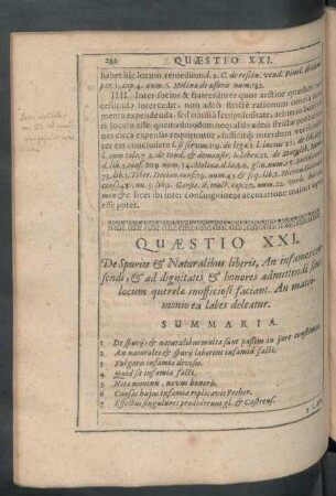 Quaestio XXI. De Spuriis & Naturalibus liberis, An infames censendi, & ad dignitates & honores admittendi ...