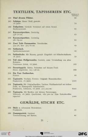Textilien, Tapisserien etc. (Nr. 284-297)