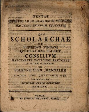 Pentas Epistolarum Clarorum Virorum Hactenus Nondum Editarum