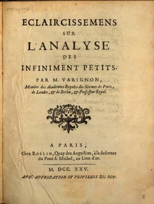 Éclaircissemens sur l'Analyse des infiniment Petits