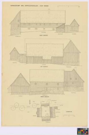 Hermsdorf (Kreis Dippoldiswalde): Hof Wiese. - Lageplan mit Schuppen (Aufsicht), Haupthaus (Aufsicht), Hochkeller (Aufsicht), Pferdestall (Aufsicht), Scheune (Aufsicht), Dung (Aufsicht). - Haputhaus (West-Seiten-Ansicht, Nord-Giebel-Ansicht). - Pferdestall (West-Giebel-Ansicht, Ost-Giebel-Ansicht, Nord-Seiten-Ansicht). - Schuppen (West-Giebel-Ansicht, Ost-Giebel-Ansicht). - Hochkeller (West-Ansicht). - Scheune (Ost-Seiten-Ansicht, Nord-Giebel-Ansicht)