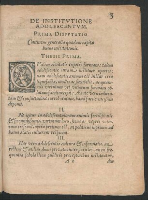 De Institutione Adolescentum. Prima Disputatio.