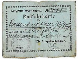 Radfahrkarte des Königreichs Württemberg, ausgestellt von der Ortspolizeibehörde Neckargartach [Fahrrad-Führerschein]