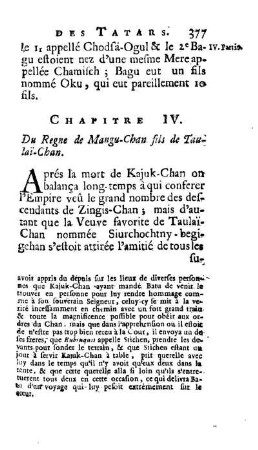Chapitre IV. Du Regne de Mangu-Chan fils de Taulai-Chan
