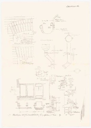 Aufgabenblätter und Zeichenvorlagen Fenster, Regenrinne: Teilaufrisse Fenstersturz, -laden, Heizungskörper, Regenrinnen, Details auch zu Blatt 9, s. Inv.Nr. 42459