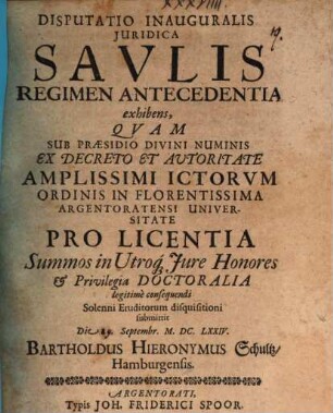 Disputatio inauguralis juridica Savlis regimen antecedentia exhibens