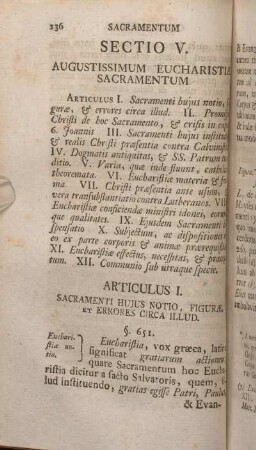Sectio V. Augustissimum Eucharistiae Sacramentum.