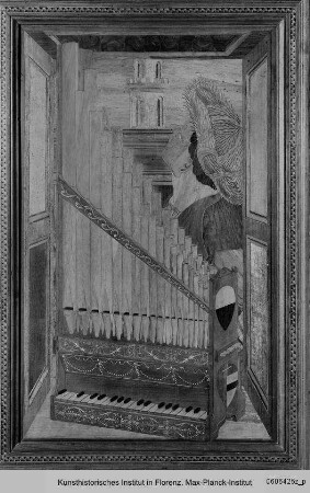Chorgestühl mit Intarsien : Orgel mit den Wappen der Domopera von Siena und des Bischofs Giovanni di Andrea