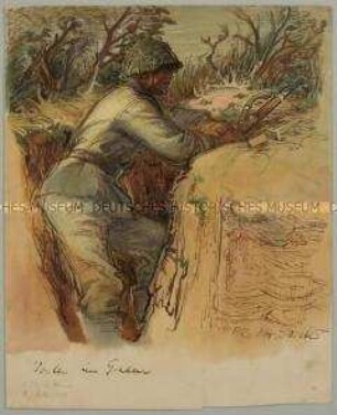Ausspähender deutscher Grenadier im Schützengraben