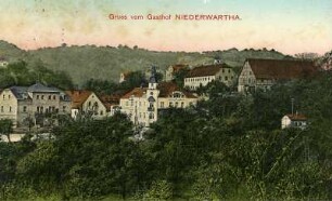 Dresden-Niederwartha. Ortsansicht mit Gasthof Niederwartha, kolorierte Ansichtskarte