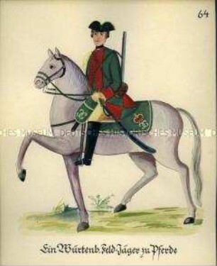 Uniformdarstellung, Feldjäger zu Pferde, Herzogtum Württemberg, 1760/1761. Kopie der Originaltafel 64 aus Becher: Wahrhaftige Nachrichten.