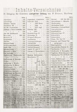 Inhalts-Verzeichniss II. Jahrgang der illustrirten Liebigbilder-Zeitung von F. Dresser, Hamburg.