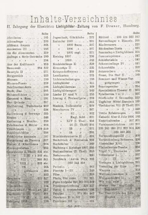 Inhalts-Verzeichniss II. Jahrgang der illustrirten Liebigbilder-Zeitung von F. Dresser, Hamburg.