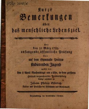 Kurze Bemerkungen über das menschliche Lebensziel