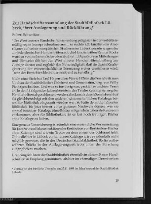 Zur Handschriftensammlung der Stadtbibliothek Lübeck, ihre Auslagerung und Rückführung