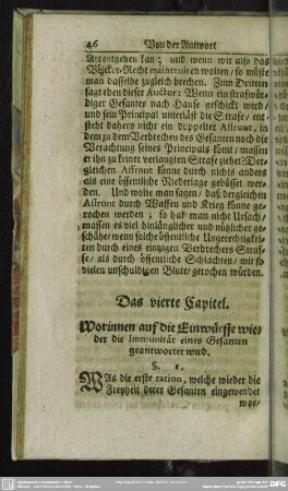 Das vierte Capitel. Worinnen auf die Einwürffe wieder die Immunität eines Gesanten geantwortet wird