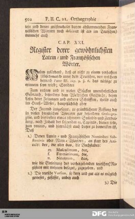 Cap. XXI. Register derer gewöhnlichsten Latein- und Frantzösischen Wörter.