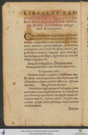 Cato de præceptis vitæ communis Erasmo Roterodamo castigatore et interprete