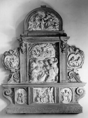 Altar : Altar. Alabaster, Sandstein (vor 1624). Miltenberg, Pfarrkirche Sankt Jakobus