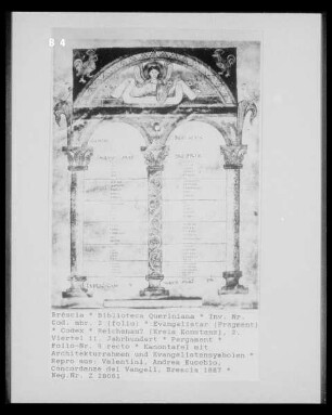 Evangelistar — Kanontafel mit Architekturrahmen und Evangelistensymbolen, Folio 9 recto