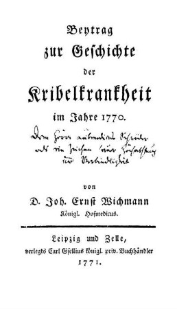 Beytrag zur Geschichte der Kribelkrankheit im Jahre 1770