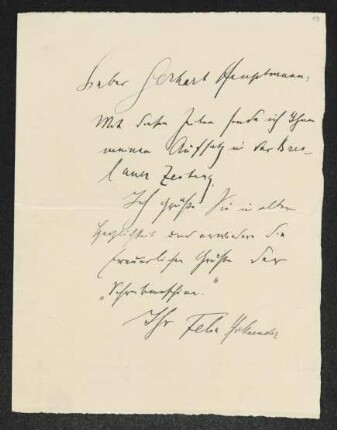 Brief von Felix Hollaender an Gerhart Hauptmann