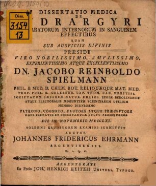 Diss. med. De hydrargyri praeparatorum internorum in sanguinem effectibus