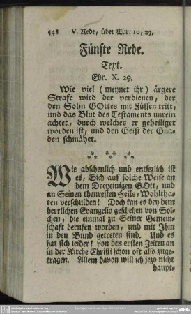 Fünfte Rede. Text. Ebr. X. 29