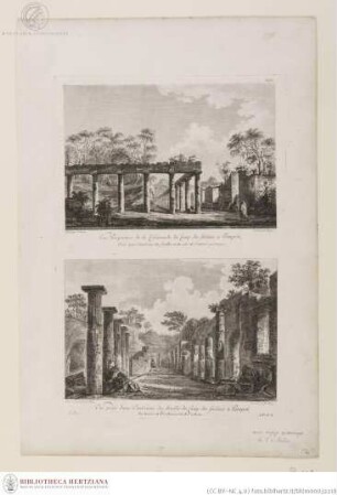 Blatt mit zwei Drucken; oben: Säulenumgang im Soldatenquartier in Pompeji II; unten: Säulenumgang im Soldatenquartier in Pompeji III