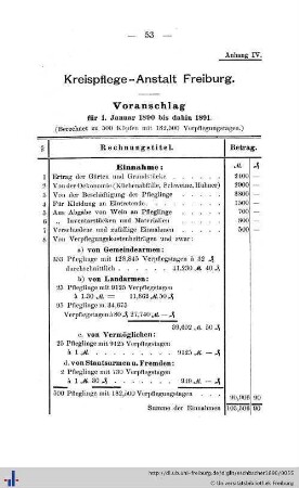 Kreispflege-Anstalt Freiburg. Voranschlag für 1. Januar 1890 bis dahin 1891.
