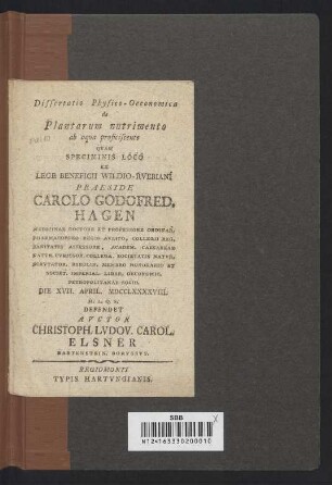 Dissertatio Physico-Oeconomica de Plantarum nutrimento ab aqua proficiscente