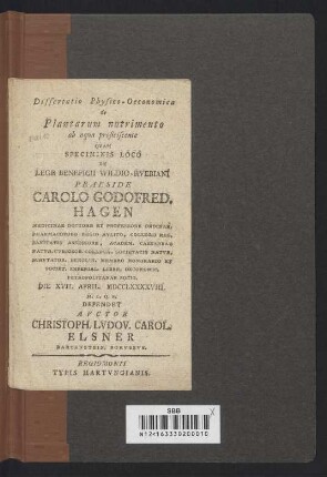 Dissertatio Physico-Oeconomica de Plantarum nutrimento ab aqua proficiscente